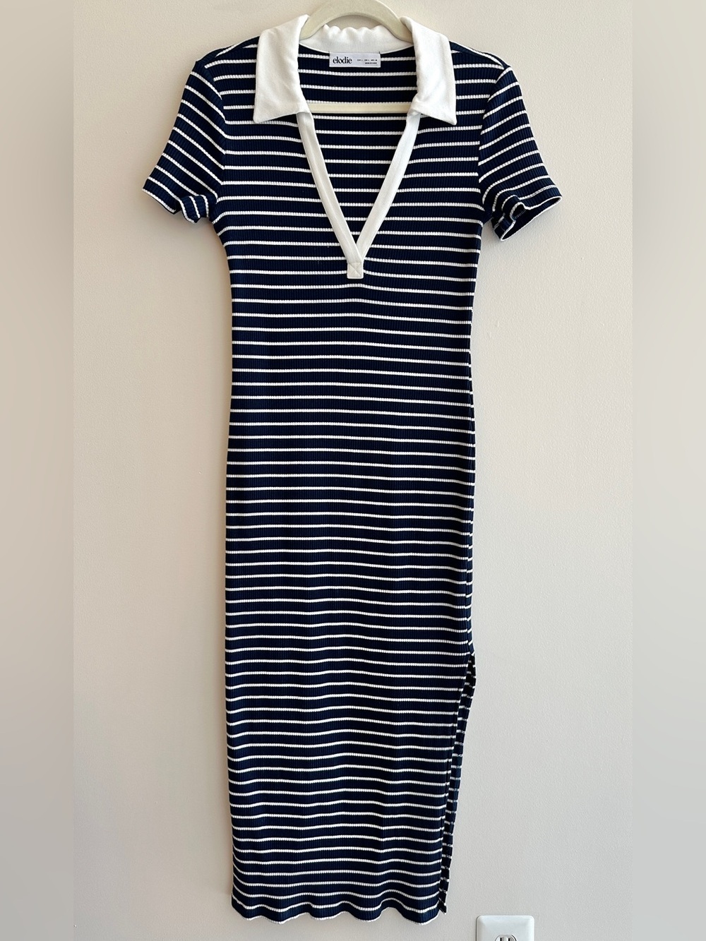Elodie Striped Rib-Knit Polo Midi Dress, Navy Blue/White, Size Large